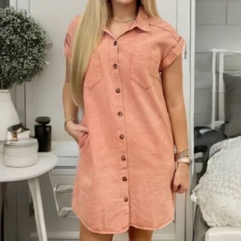 Thread & Supply Lyocell Shirt Dress Size L Dusty Rose Frayed Hem NWT